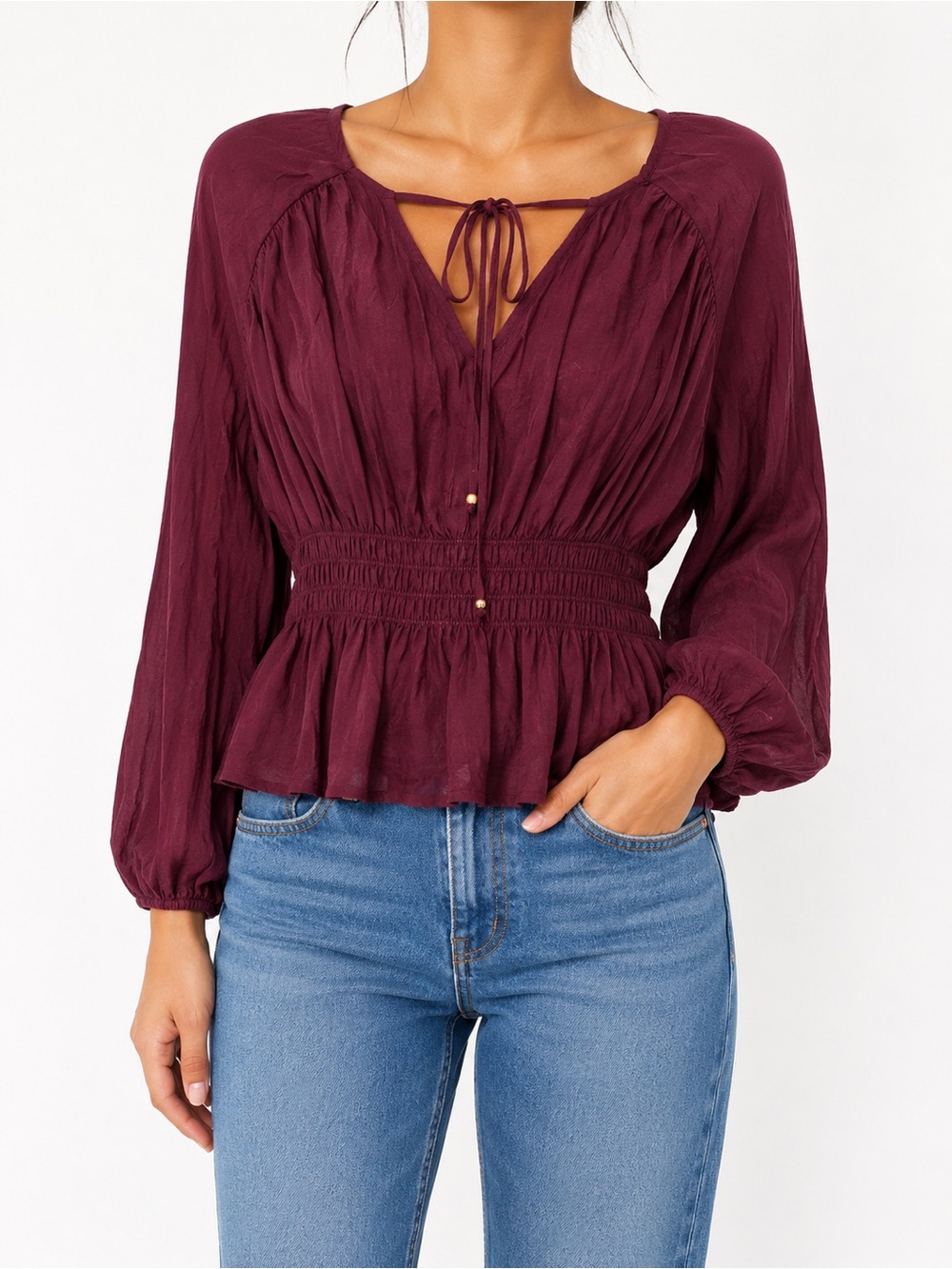 Smocked Waist Burgundy Peasant Blouse with Tie Neck